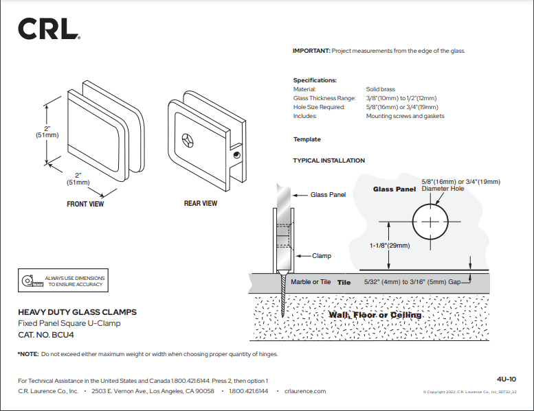 CRL Beveled Hole - in - Glass Style Wall Mount Heavy - Duty Glass Clamp - Glassparts.ca