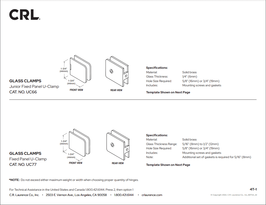 CRL Traditional Style Fixed Panel U - Clamp - Glassparts.ca