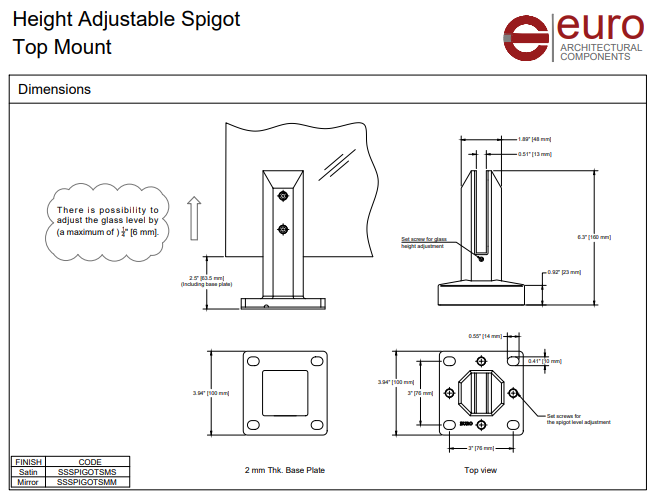 EURO Spigots 6" - Standard Top Mount Spigot - Matte Black