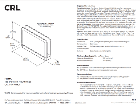 CRL Prima 01 Series Top or Bottom Mount Hinge - Glassparts.ca