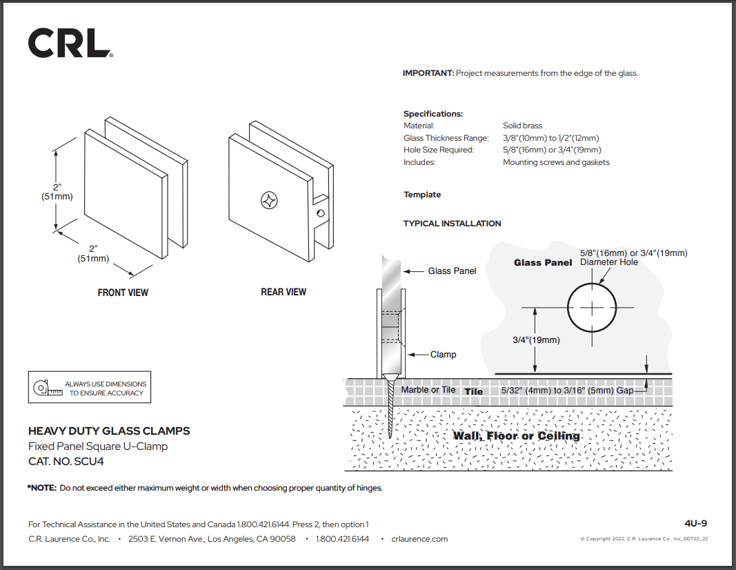 CRL Square Style Hole - in - Glass Fixed Panel U - Clamp - Glassparts.ca